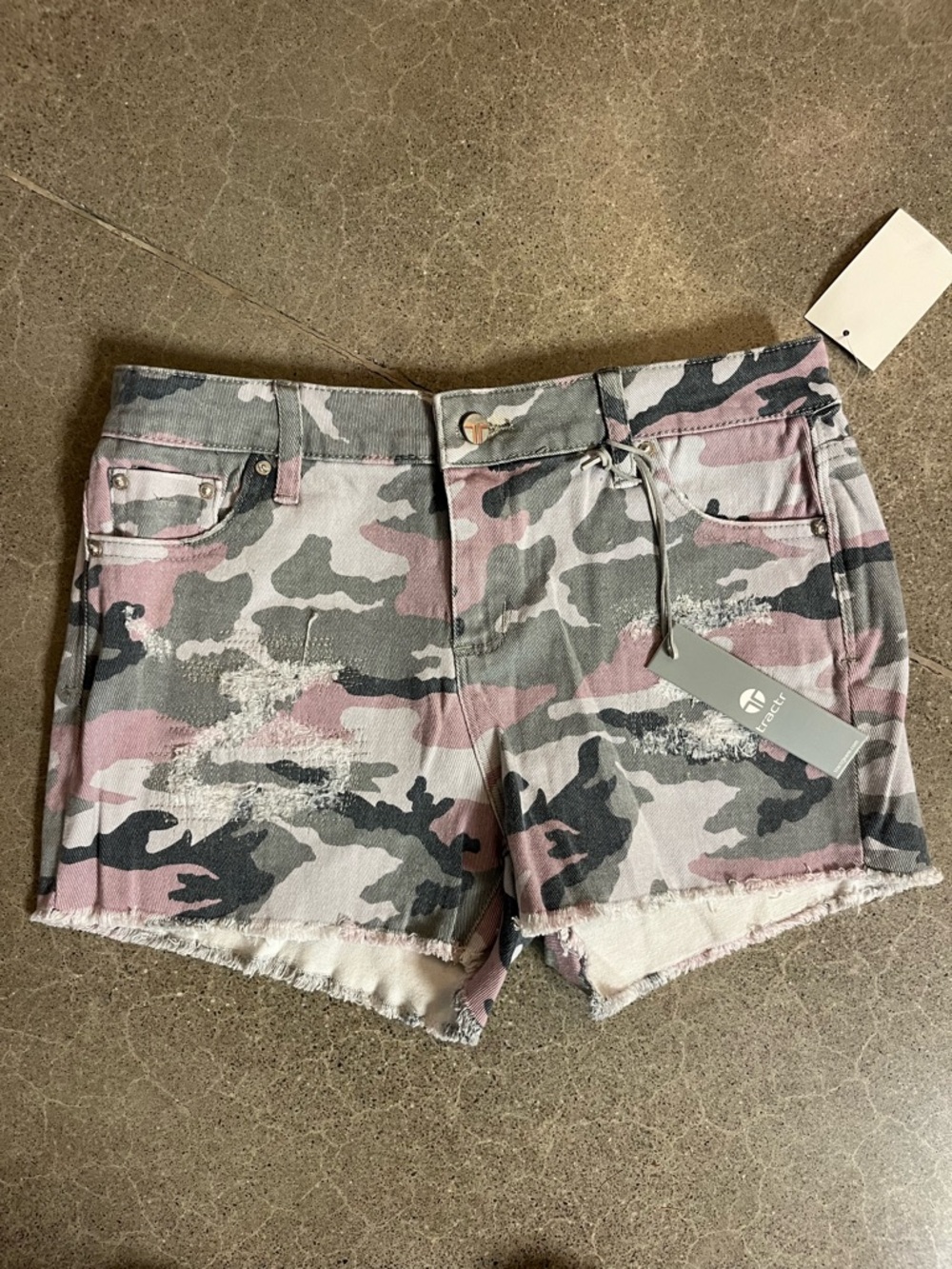 Tractr Pink & Gray Camouflage Frayed Hem Jean Shorts